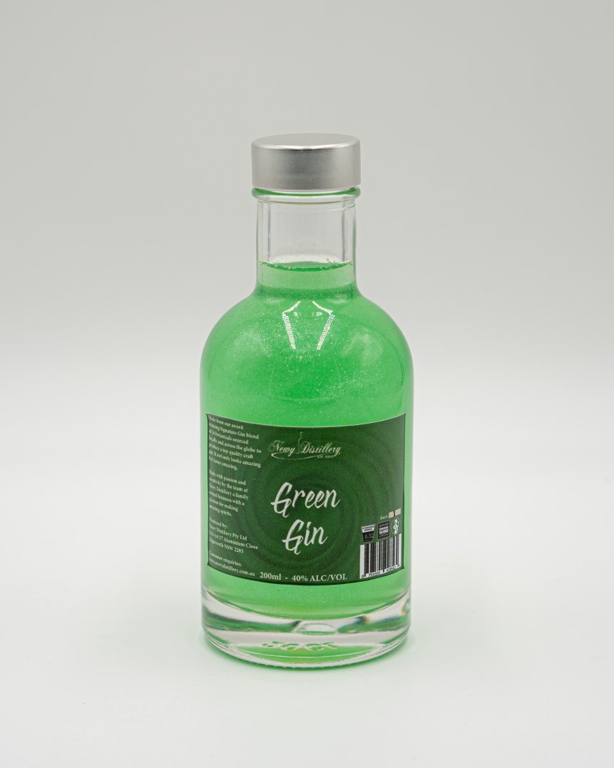 Green Shimmer Gin 200ml bottle. Coloured Glitter Gin Newy Distillery.