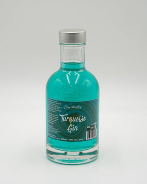 Turquoise Shimmer Gin 200ml bottle. Coloured Glitter Gin Newy Distillery.