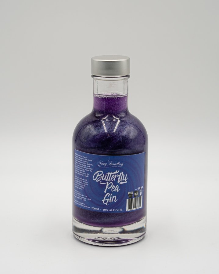Butterfly Pea Shimmer Gin 200ml bottle. Coloured Glitter Gin Newy Distillery.