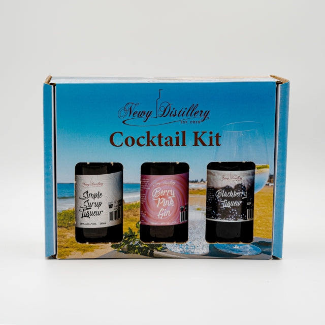 Newy Distillery Bramble Fizz at home cocktail kit. Made with Blackberry Liqueur, berry pink gin. 3 bottles displayed in gift box.