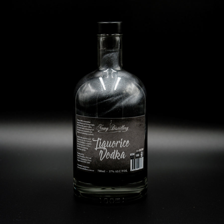 Newy Distillery Black Liquorice flavoured vodka with shimmer. 700ml bottle.
