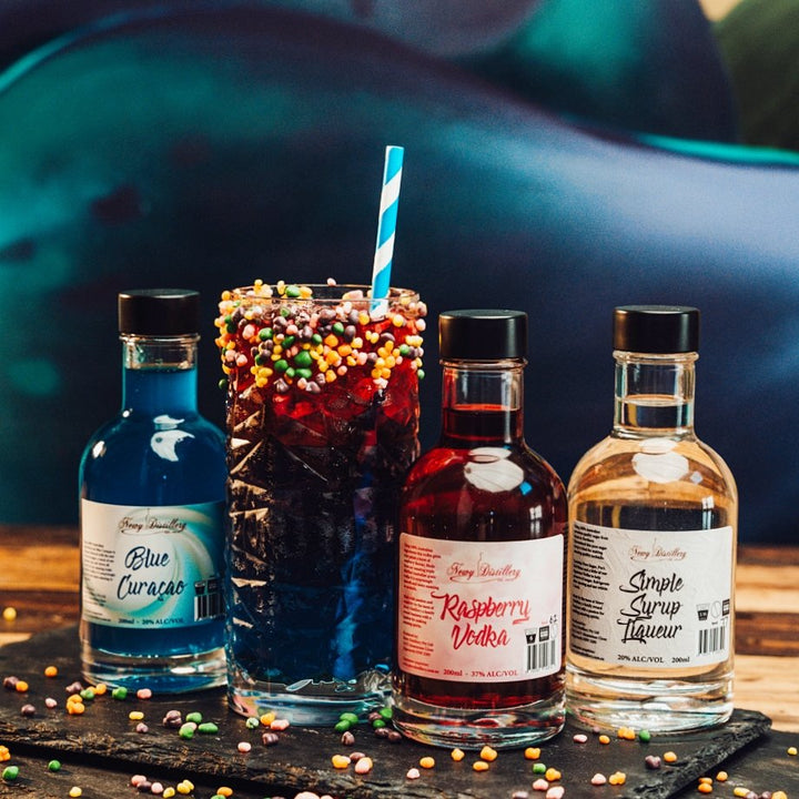 Fruit tingle Cocktail Kit by Newy distillery. 3x 200ml bottles and fruit tingle cocktail decorated with nerds!