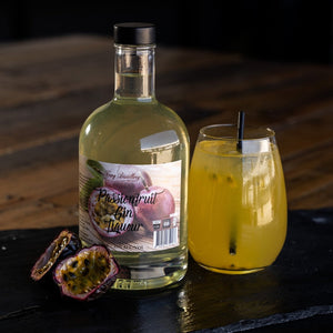 Passionfruit Gin Liqueur by Newy Distillery. Passionfruit Gin Liqueur bottle 500ml displayed with cocktail.