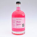 Bottle of pink liqueur with a label on a white background