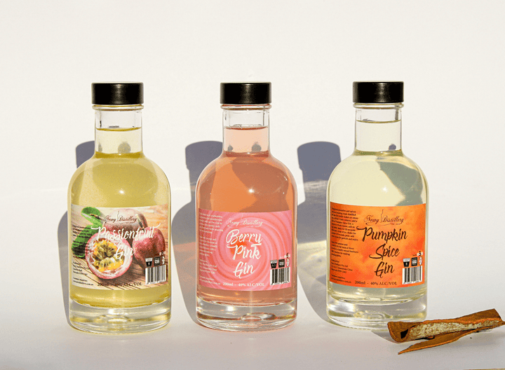 Flavoured Gin Pack. 3x 200ml bottles Fruit Infused Gins. Passionfruit Gin, Berry Pink Gin, Pumpkin Spice Gin. Newy Distillery