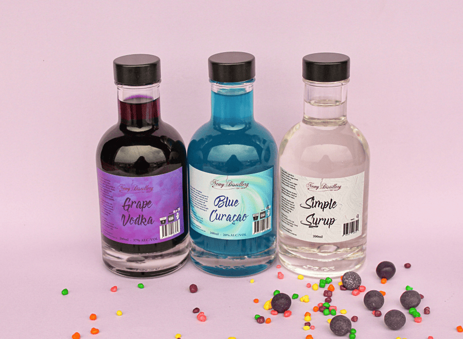 Grape Tingle Cocktail Kit by Newy Distillery. 3x 200ml bottles. Grape Vodka, Blue Curacao, Simple Syrup.