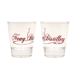 2x 50ml shot glasses by Newy Distillery. Newy Distillery logo on each glass.