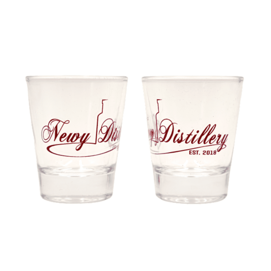2x 50ml shot glasses by Newy Distillery. Newy Distillery logo on each glass.