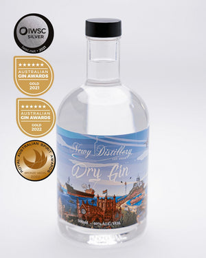 Dry Gin by Newy Distillery. Award winning dry gin. Mitch Revs bottle label. 500ml.