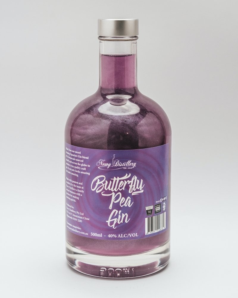 Newy Distillery Butterfly Pea Gin. Purple Gin Changes colour. 500ml bottle.