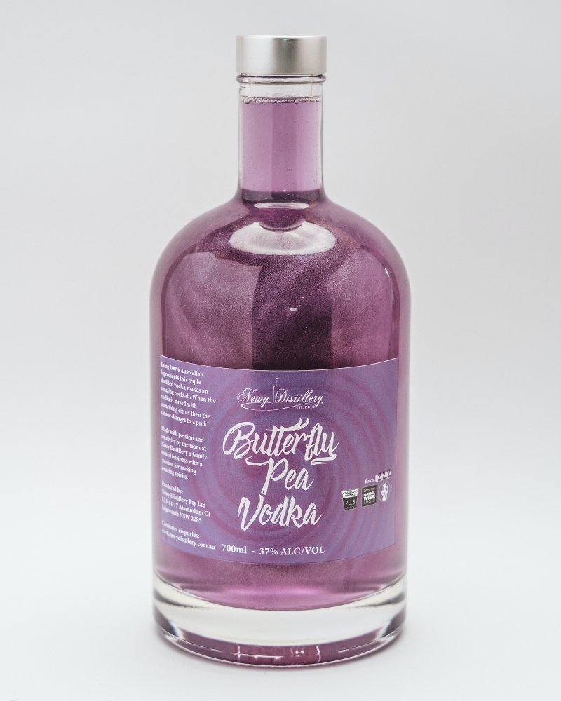 Newy Distillery Butterfly Pea Vodka. Purple vodka changes colour. 700ml bottle