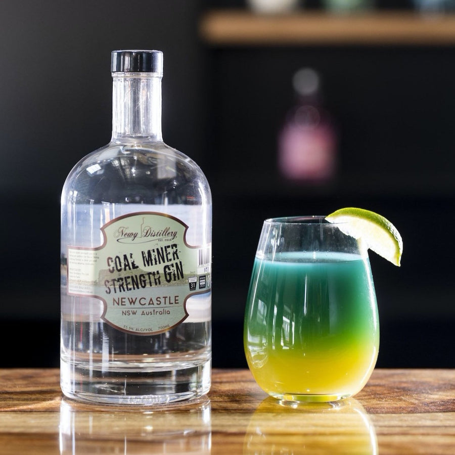 Green and yellow cocktail made with Newy Distillery Coal Miner Strength Gin. Award Winning Gin. Strong Gin.