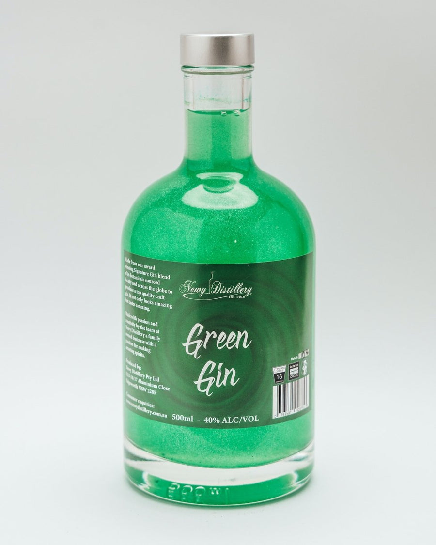 Green Shimmer Gin 700ml bottle. Coloured Glitter Gin Newy Distillery.